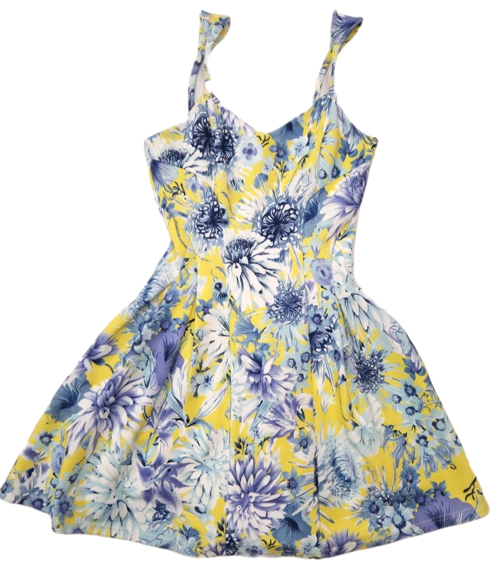 JOA Los Angelas Fit & Flare Dress Size XS Yellow Blue Pleated Sundress Romantic